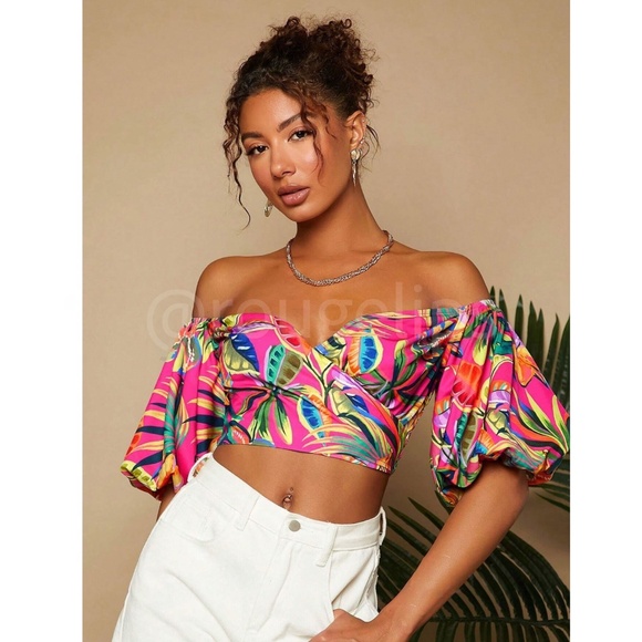 Off the Shoulder Floral Puff Sleeve Shirred Sweetheart Neck Crop Top Multicolor - Picture 5 of 7